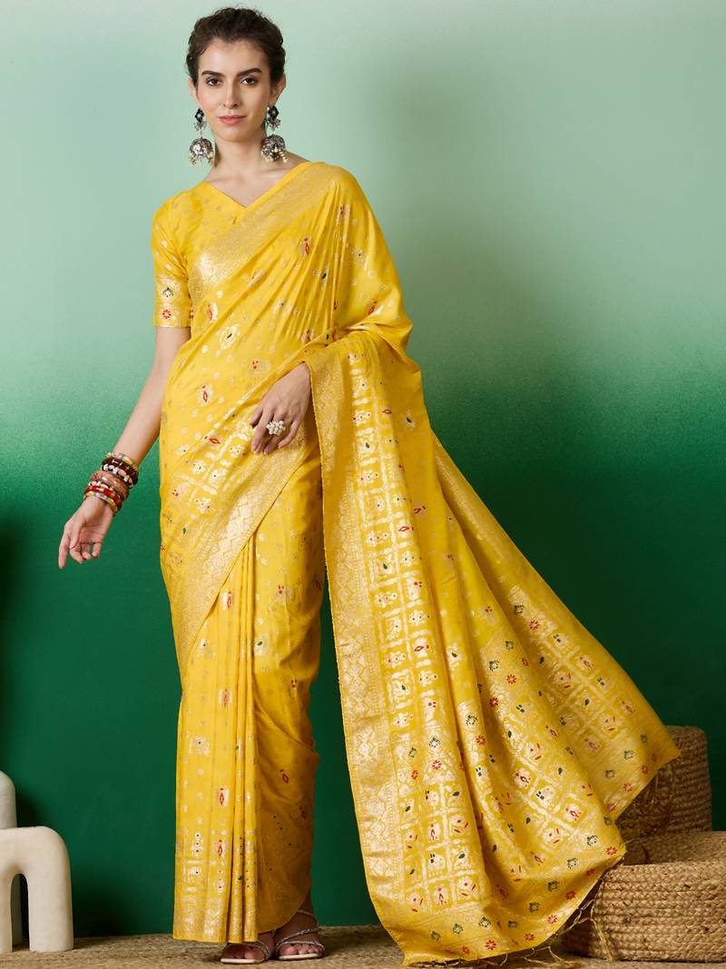 yellow Banarasi Dola Cotton Saree with Blouse