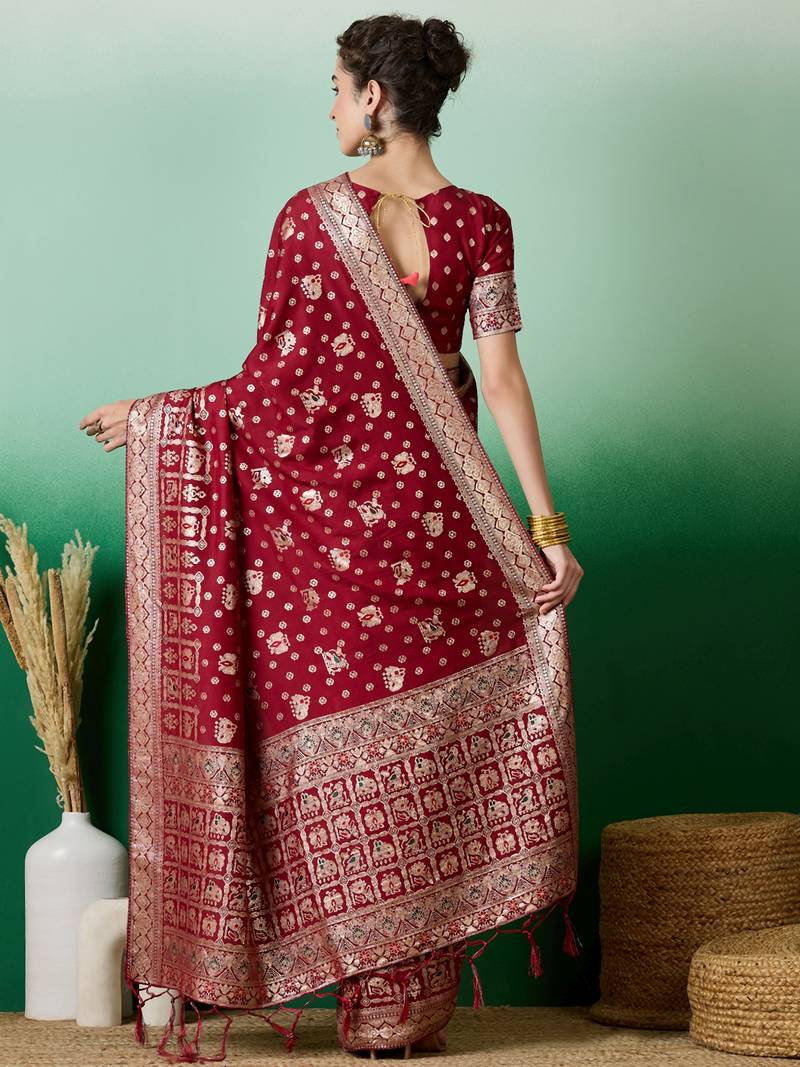 maroon Banarasi Dola Cotton Saree with Blouse
