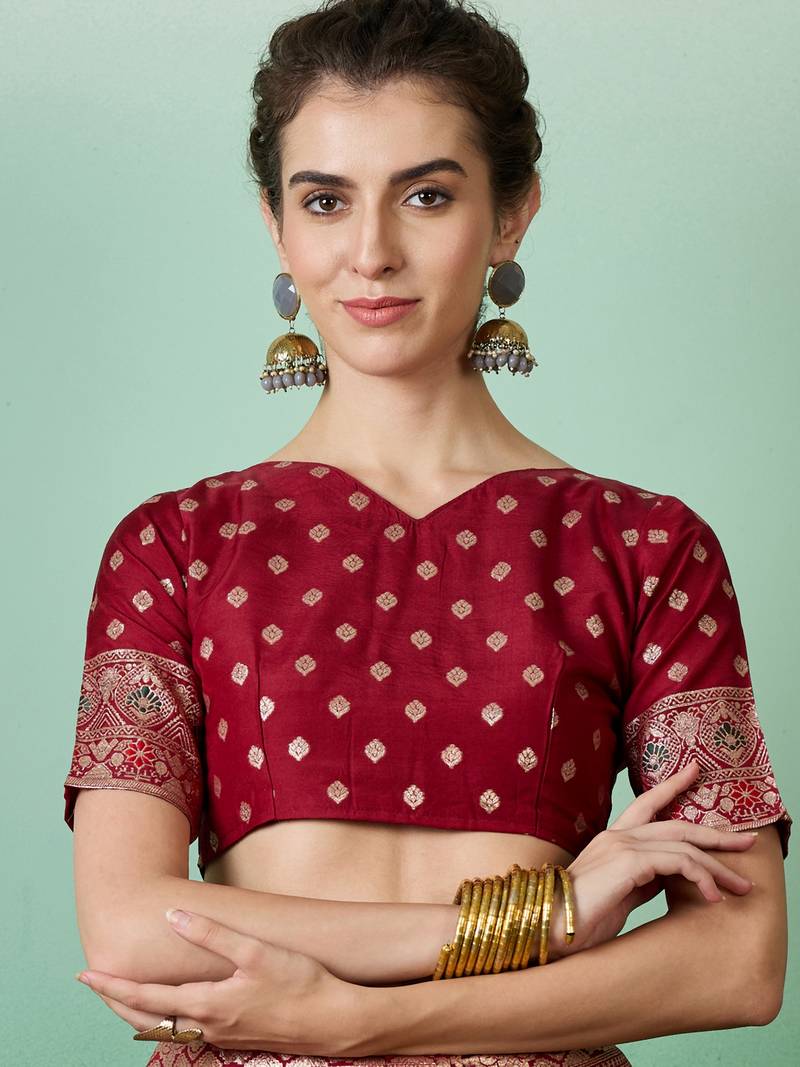 maroon Banarasi Dola Cotton Saree with Blouse