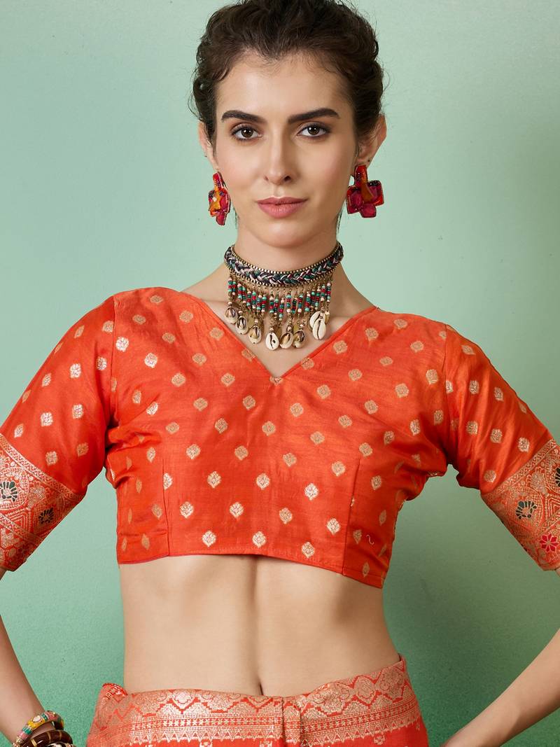 orange Banarasi Dola Cotton Saree with Blouse