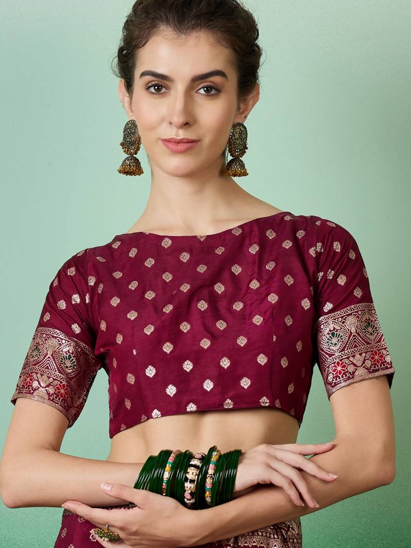 wine Banarasi Dola Cotton Saree with Blouse