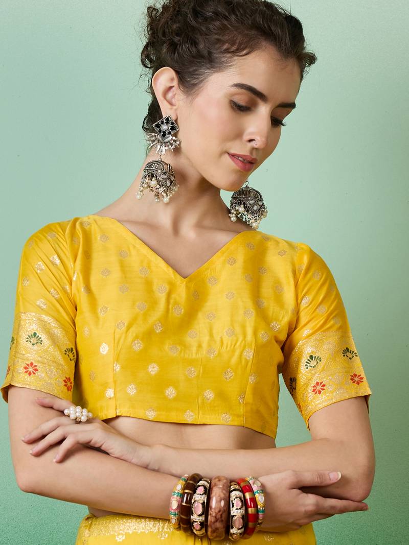 yellow Banarasi Dola Cotton Saree with Blouse