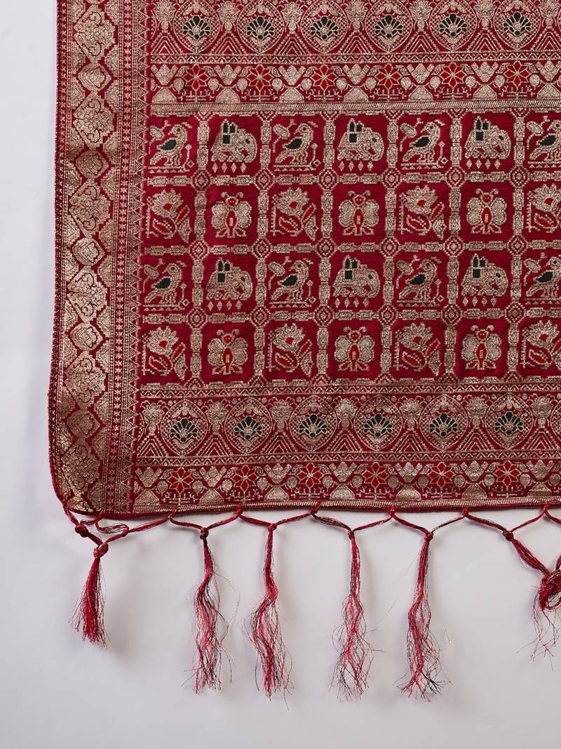 maroon Banarasi Dola Cotton Saree with Blouse