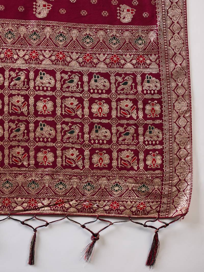 wine Banarasi Dola Cotton Saree with Blouse