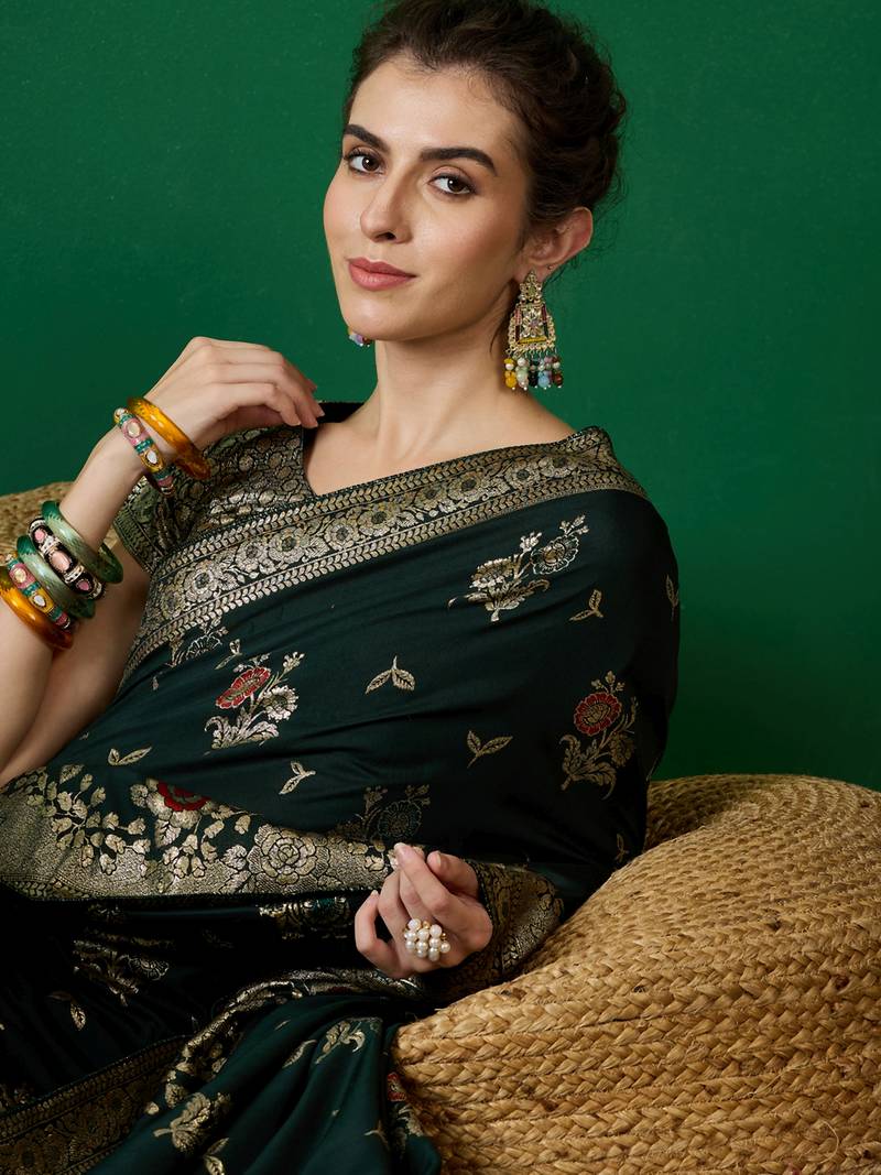 green Banarasi Dola Cotton Saree with Blouse