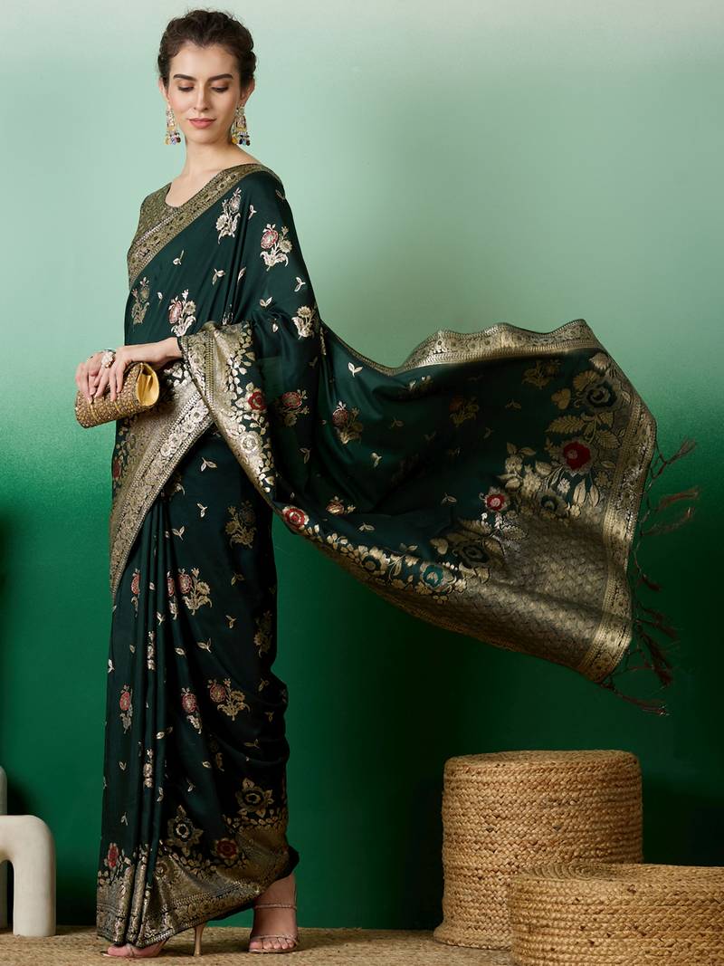 green Banarasi Dola Cotton Saree with Blouse