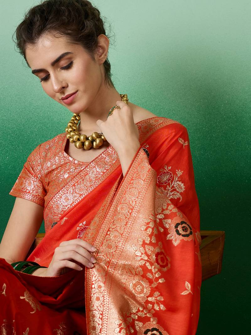orange Banarasi Dola Cotton Saree with Blouse