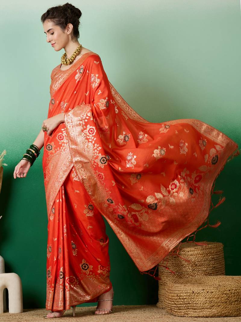 orange Banarasi Dola Cotton Saree with Blouse