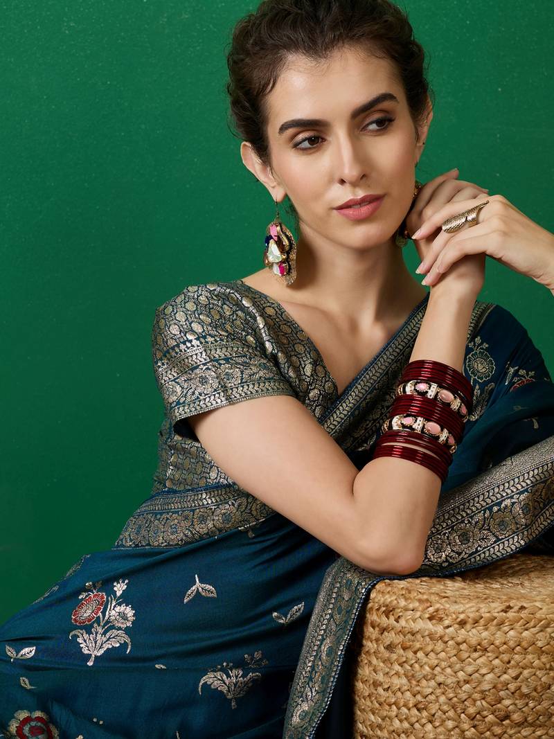 teal Banarasi Dola Cotton Saree with Blouse