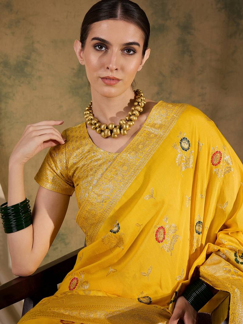yellow Banarasi Dola Cotton Saree with Blouse