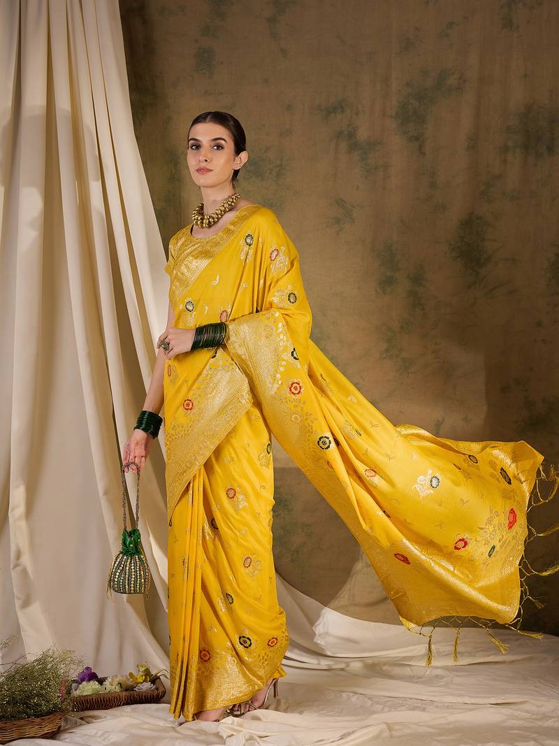 yellow Banarasi Dola Cotton Saree with Blouse