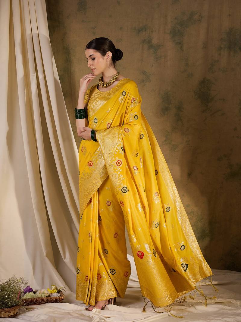 yellow Banarasi Dola Cotton Saree with Blouse