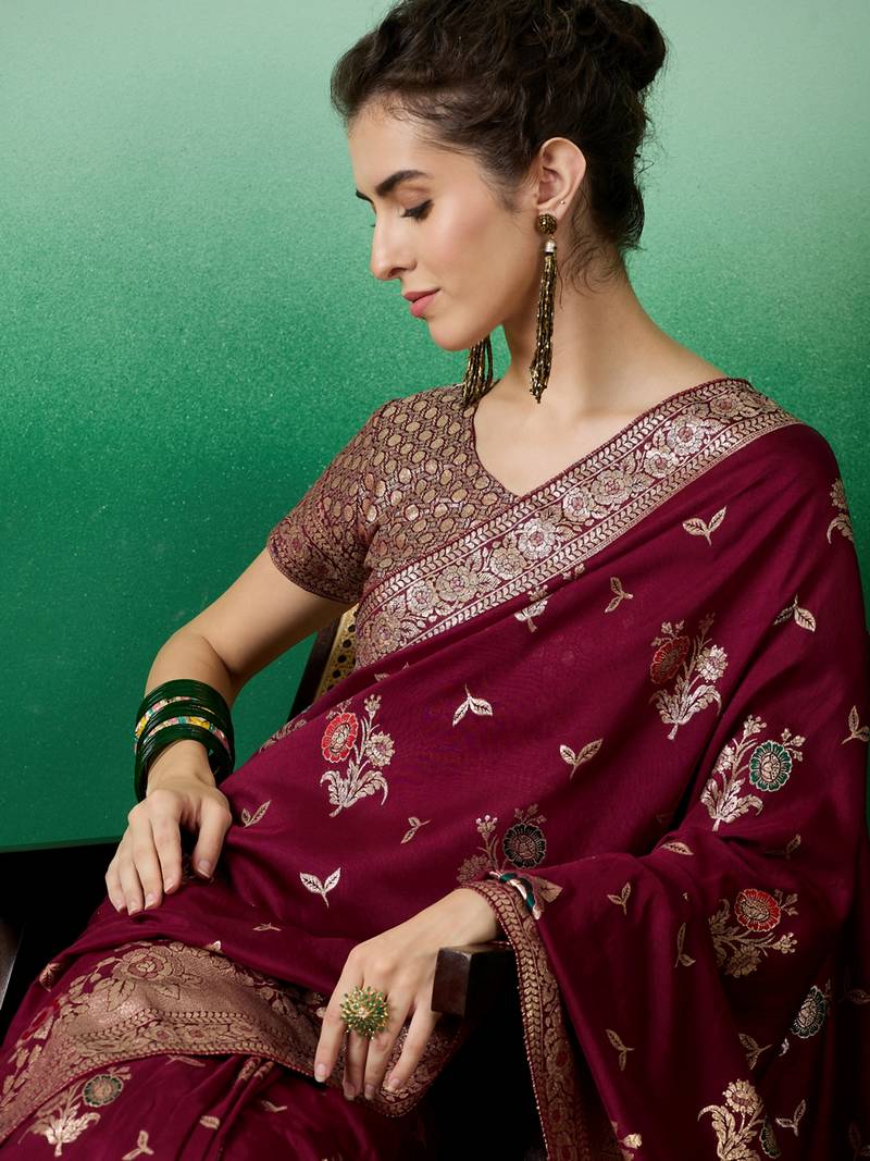burgundy Banarasi Dola Cotton Saree with Blouse