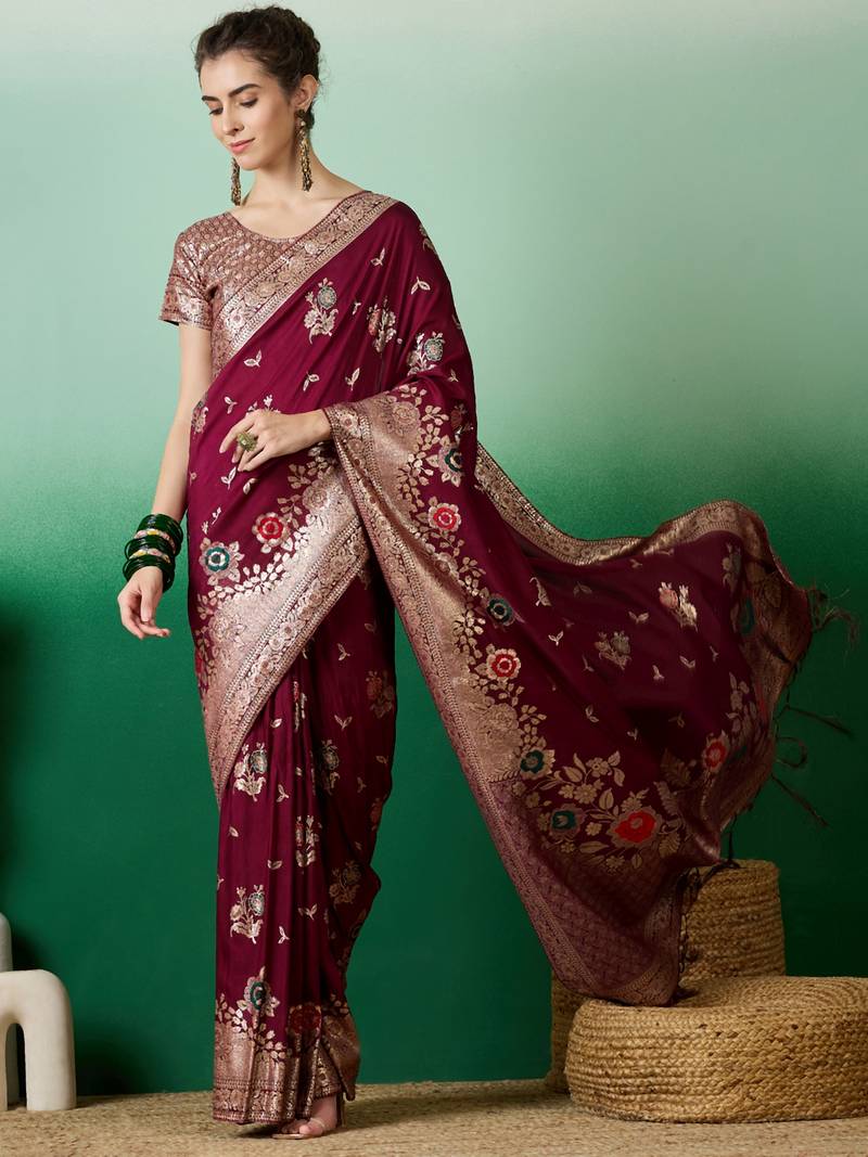 burgundy Banarasi Dola Cotton Saree with Blouse
