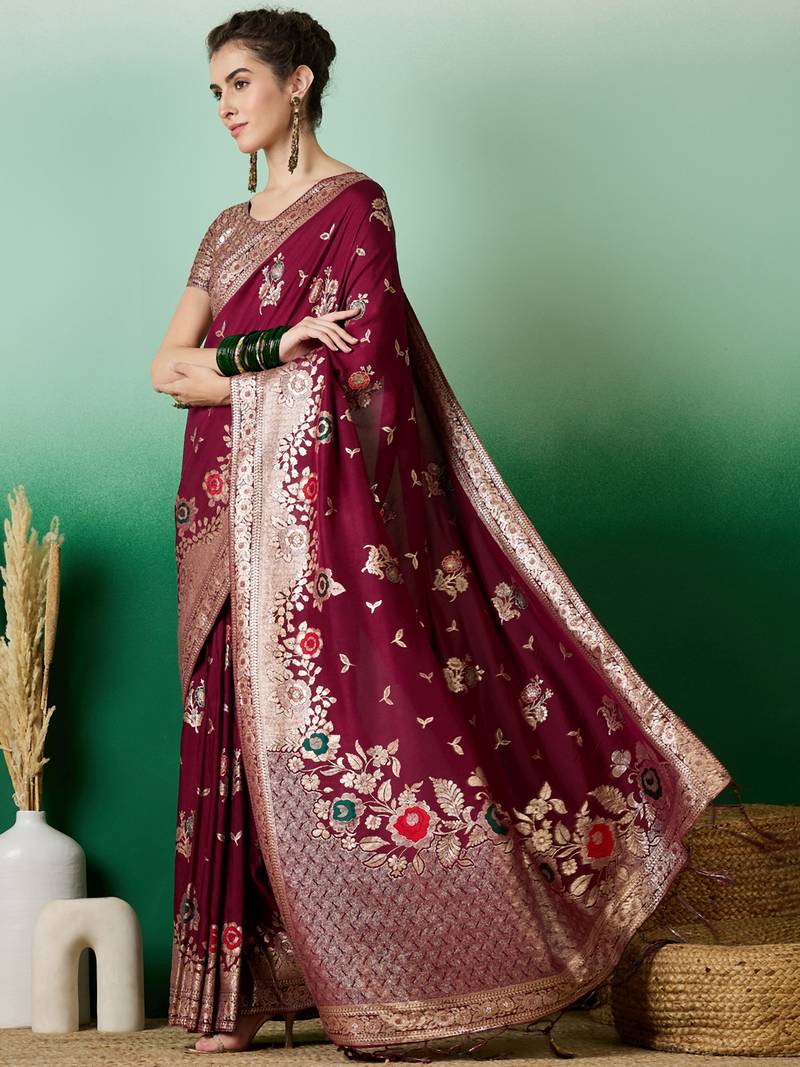 burgundy Banarasi Dola Cotton Saree with Blouse