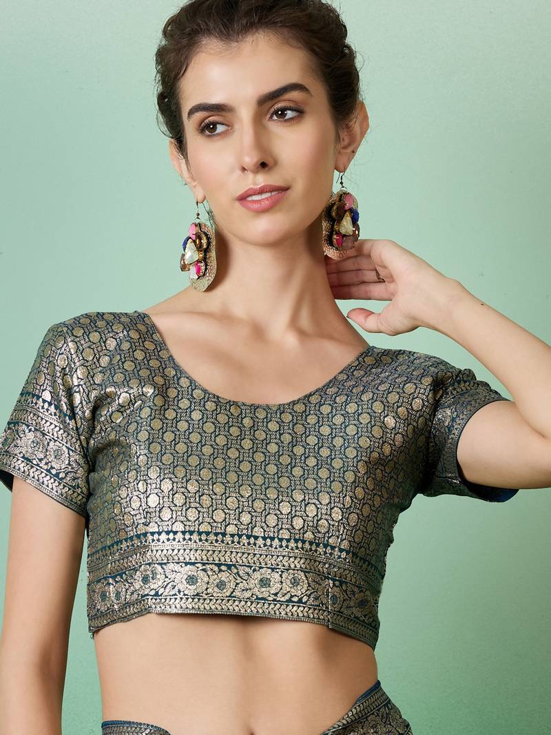 teal Banarasi Dola Cotton Saree with Blouse