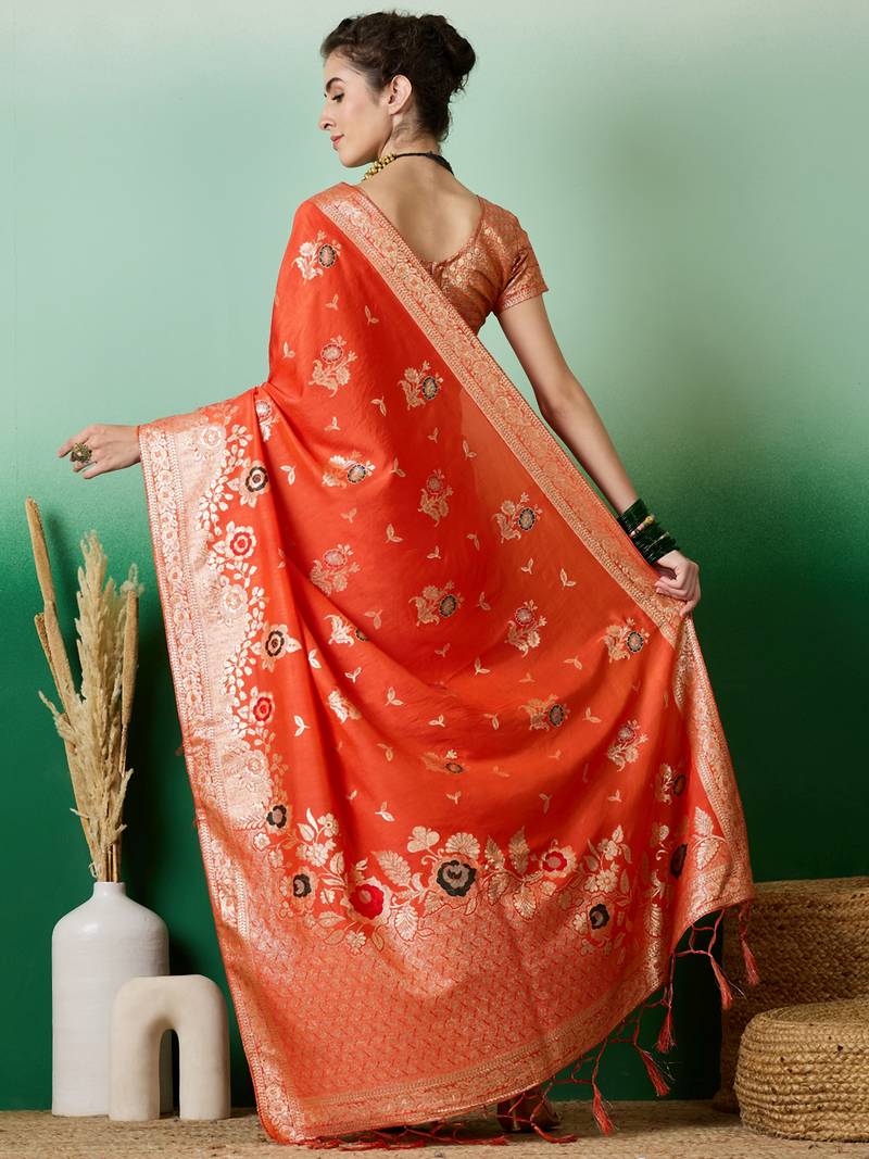 orange Banarasi Dola Cotton Saree with Blouse