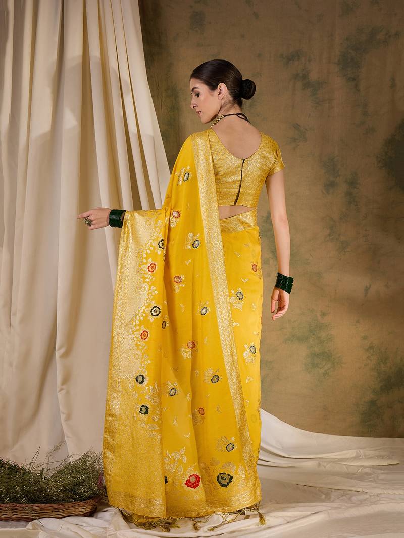 yellow Banarasi Dola Cotton Saree with Blouse