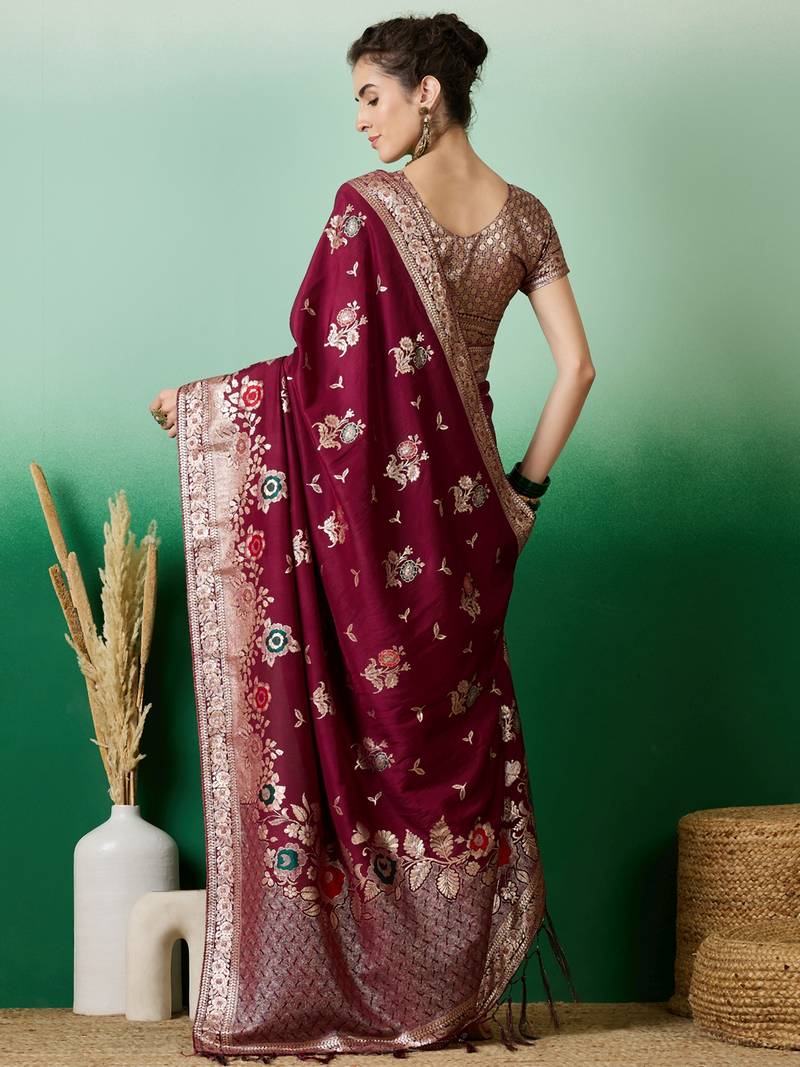 burgundy Banarasi Dola Cotton Saree with Blouse
