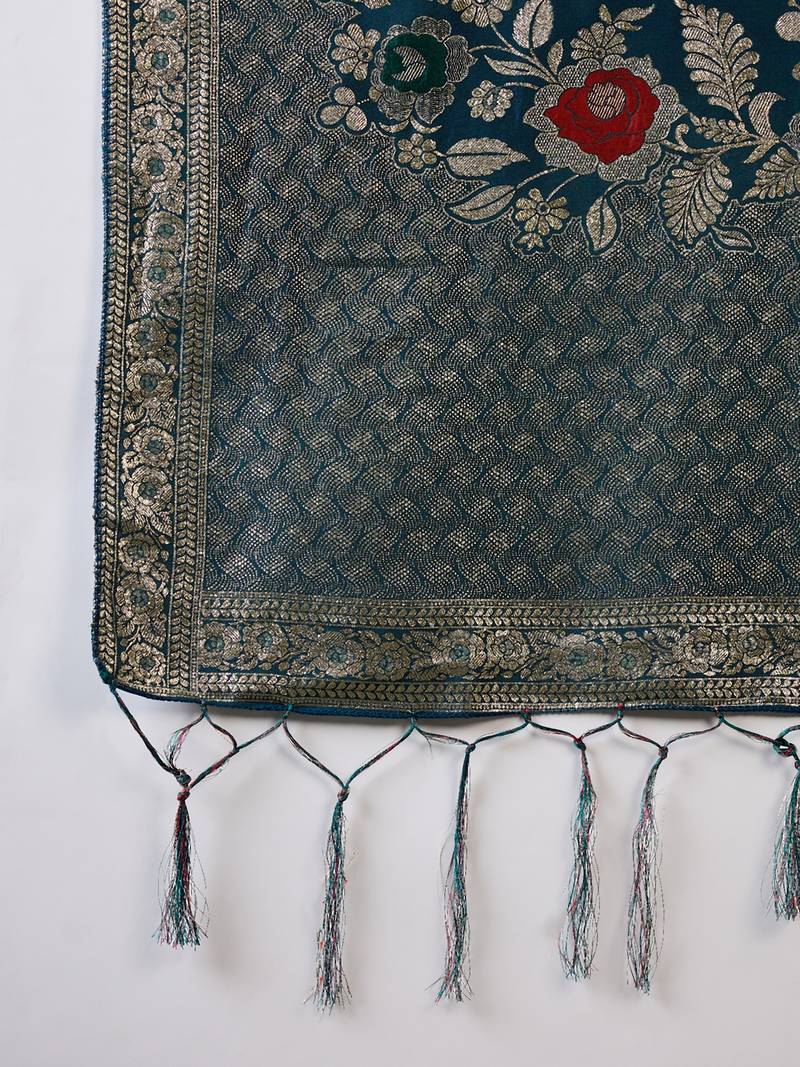 teal Banarasi Dola Cotton Saree with Blouse