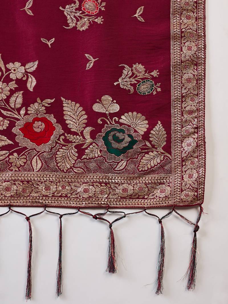 burgundy Banarasi Dola Cotton Saree with Blouse