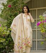 Women's Viscose Assam Silk Embroidered Straight Kurta with Pant And Dupatta Set