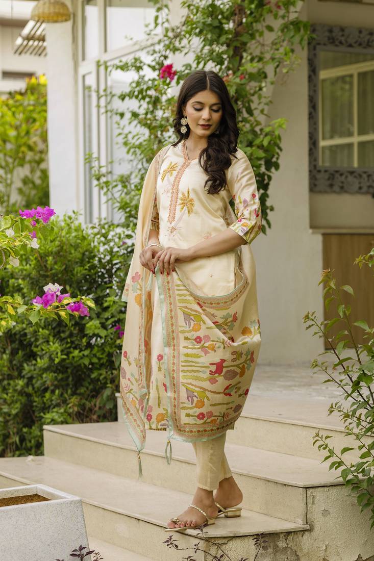 Women's Viscose Assam Silk Embroidered Straight Kurta with Pant And Dupatta Set