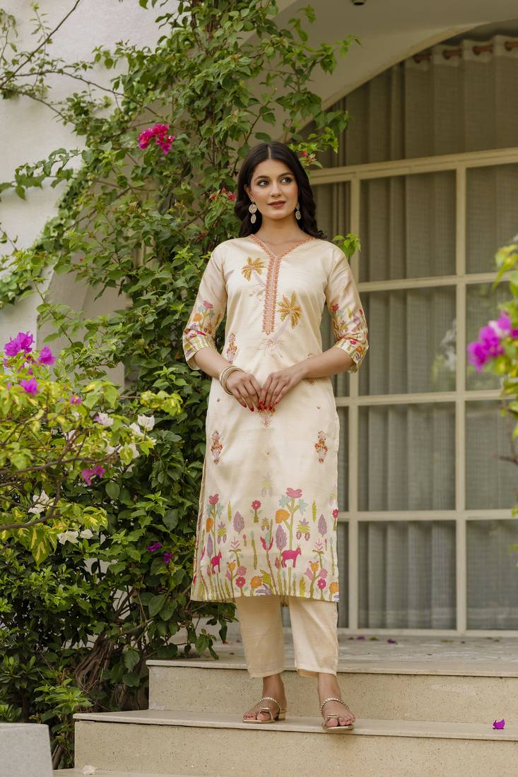Women's Viscose Assam Silk Embroidered Straight Kurta with Pant And Dupatta Set