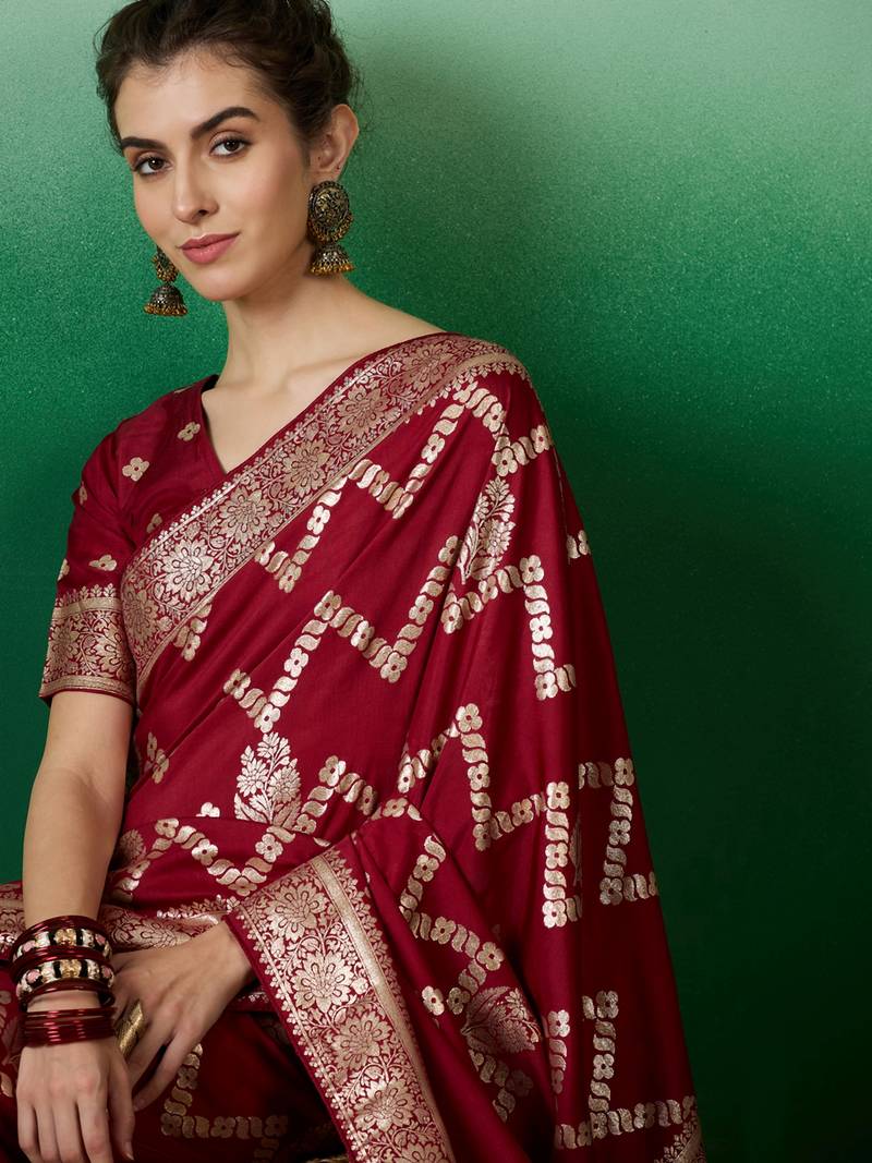 maroon Banarasi Dola Cotton Saree with Blouse