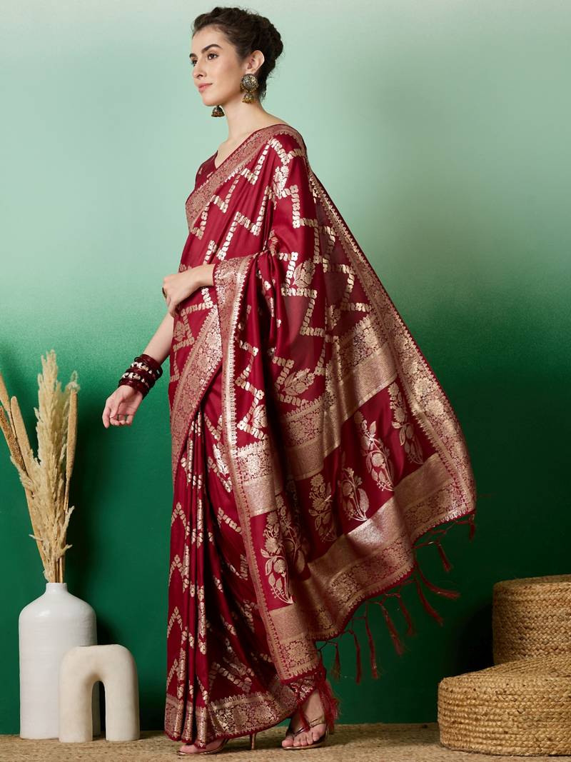 maroon Banarasi Dola Cotton Saree with Blouse