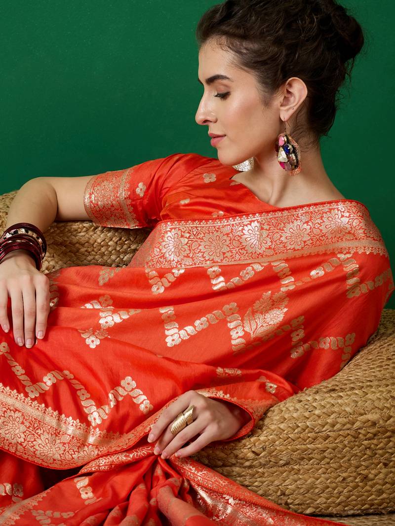 orange Banarasi Dola Cotton Saree with Blouse