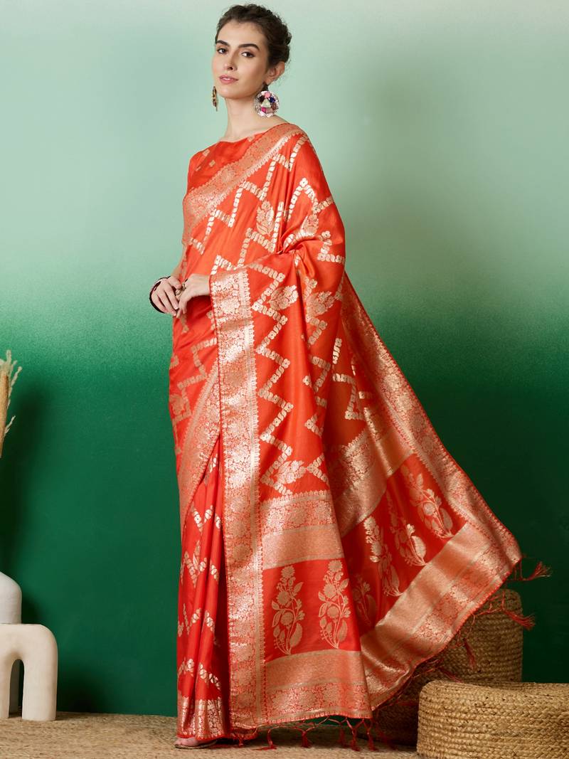 orange Banarasi Dola Cotton Saree with Blouse