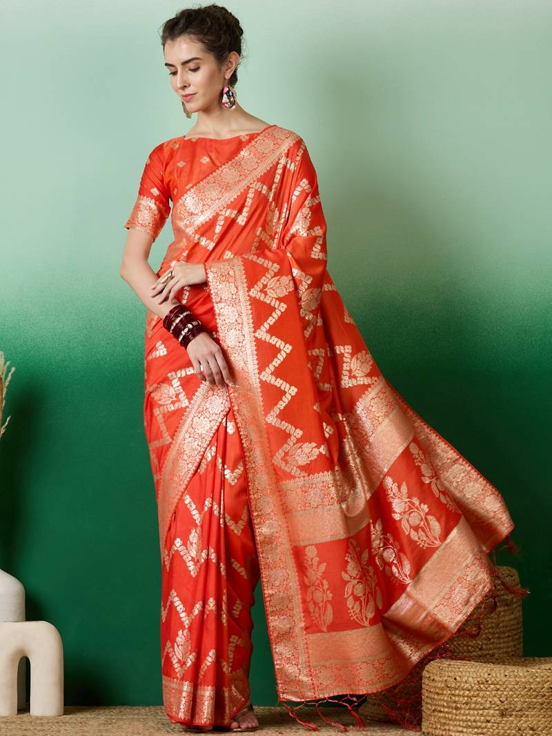 orange Banarasi Dola Cotton Saree with Blouse