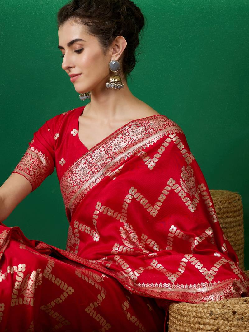 red Banarasi Dola Cotton Saree with Blouse