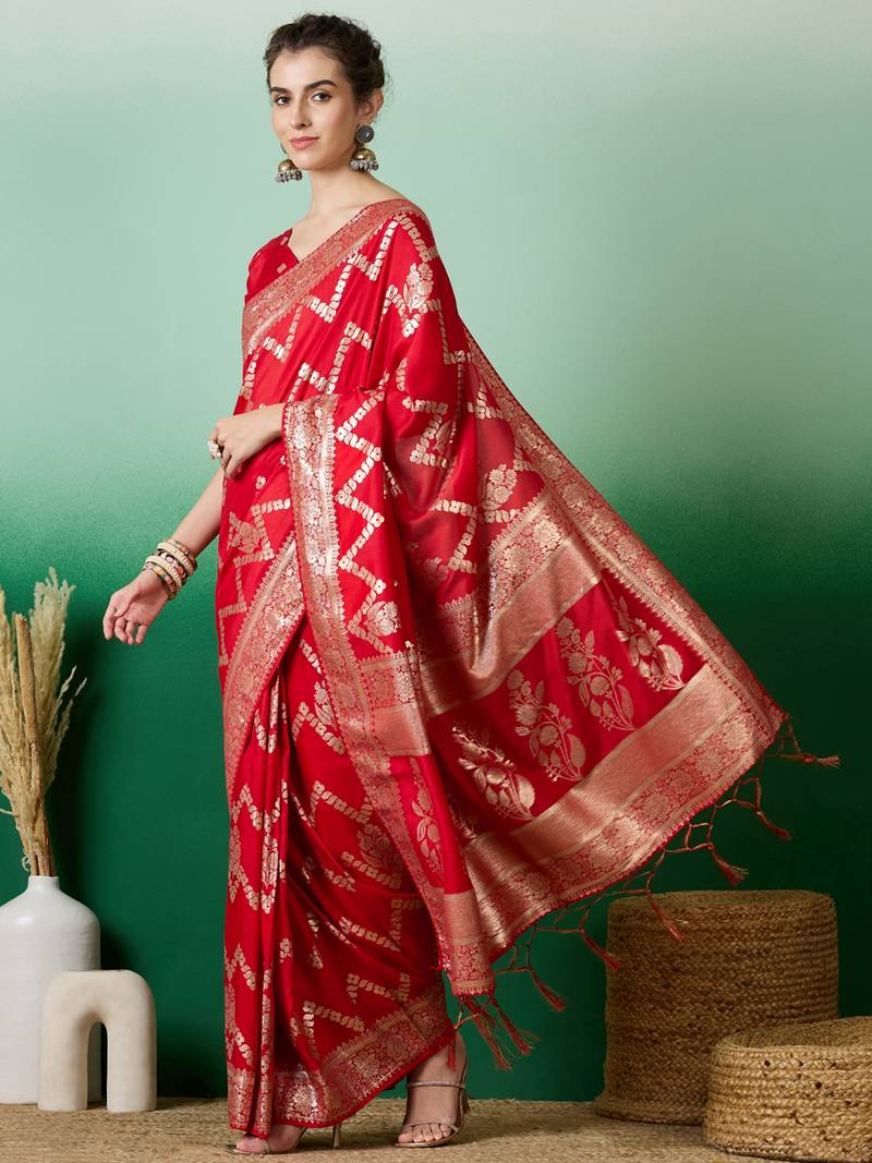 red Banarasi Dola Cotton Saree with Blouse