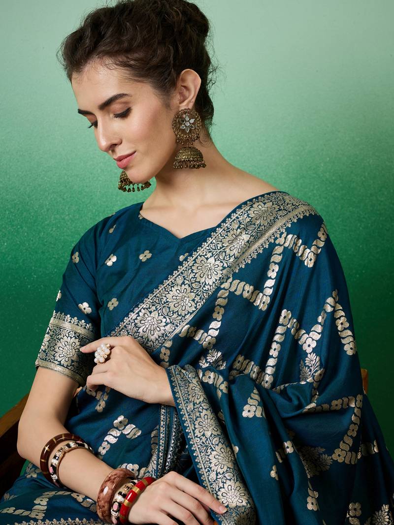 teal Banarasi Dola Cotton Saree with Blouse