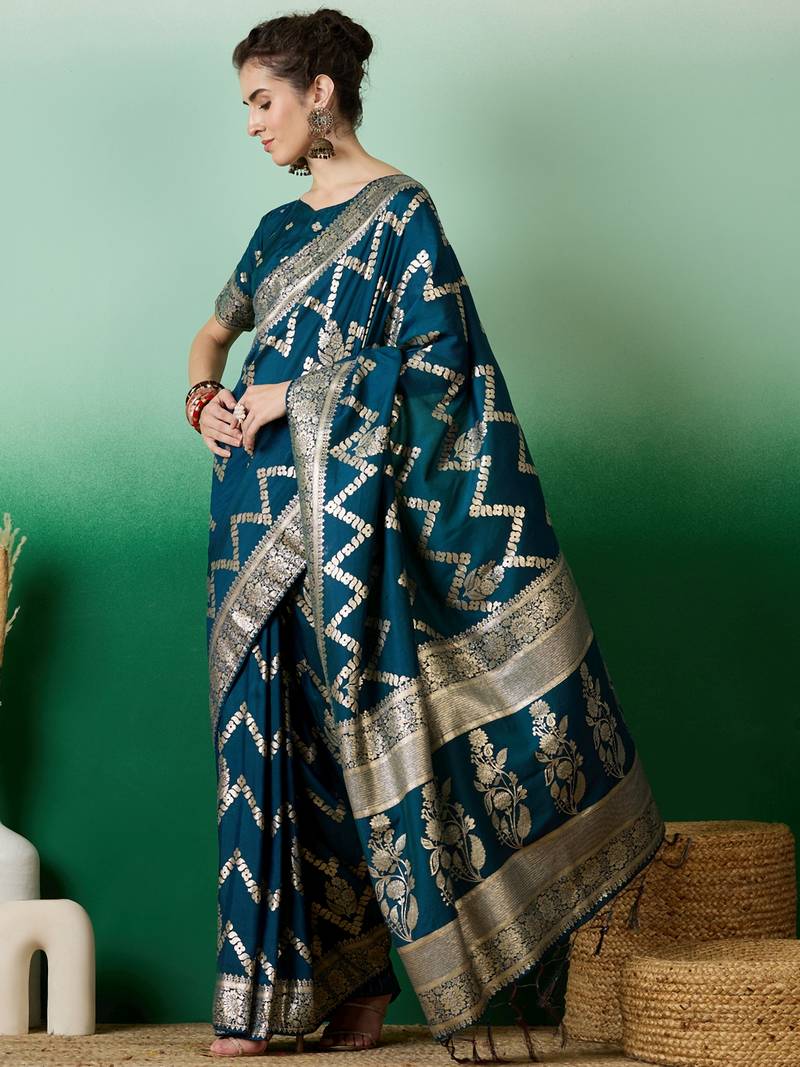 teal Banarasi Dola Cotton Saree with Blouse