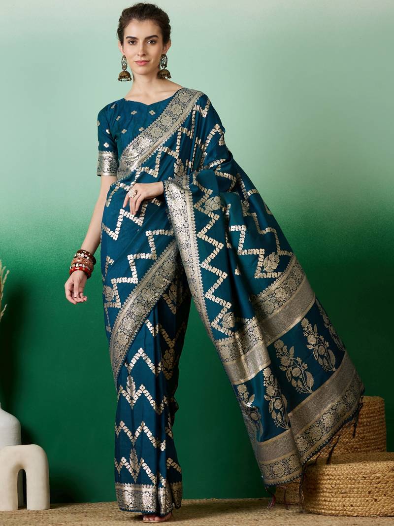 teal Banarasi Dola Cotton Saree with Blouse