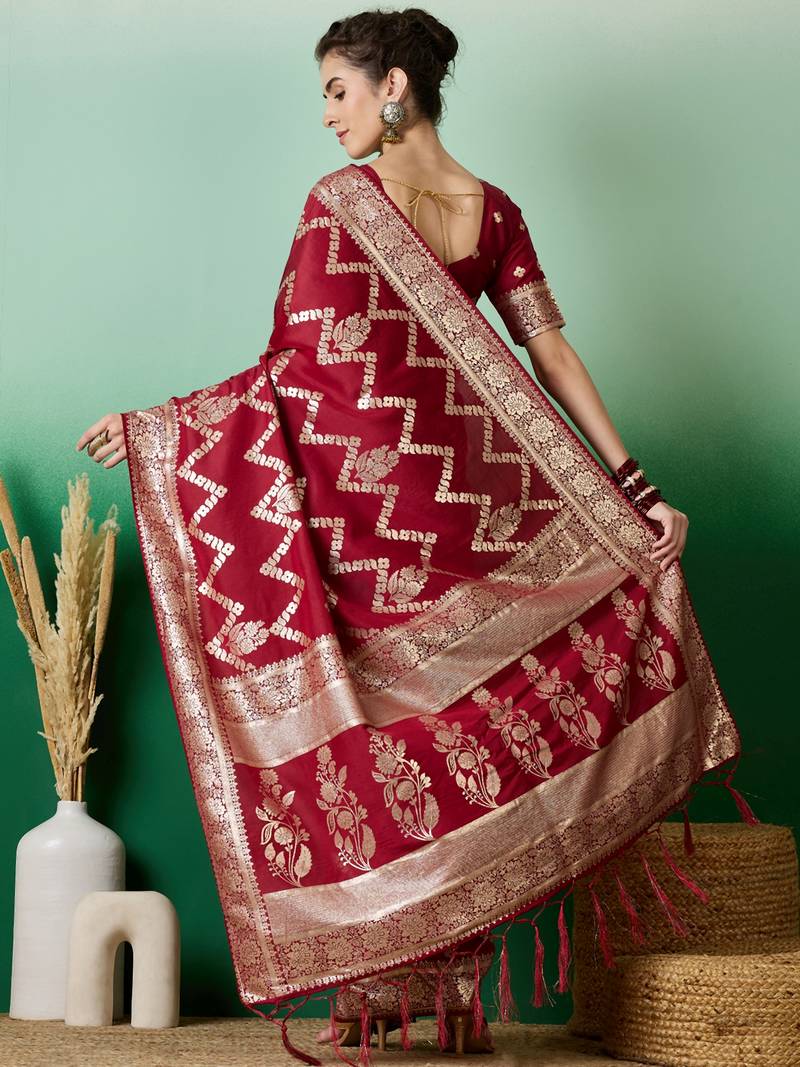 maroon Banarasi Dola Cotton Saree with Blouse