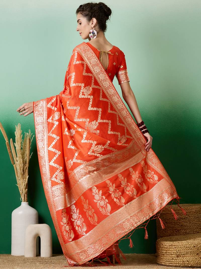 orange Banarasi Dola Cotton Saree with Blouse