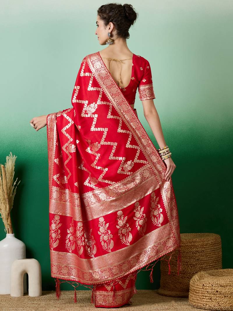 red Banarasi Dola Cotton Saree with Blouse