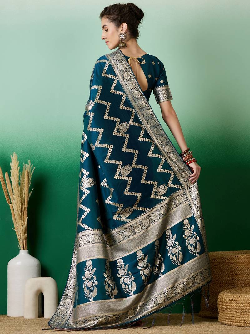 teal Banarasi Dola Cotton Saree with Blouse