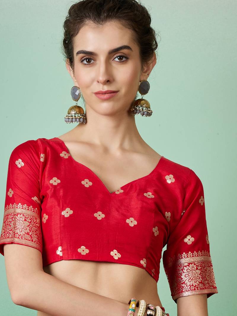 red Banarasi Dola Cotton Saree with Blouse
