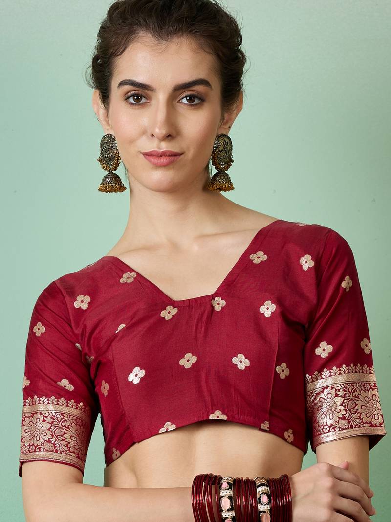 maroon Banarasi Dola Cotton Saree with Blouse