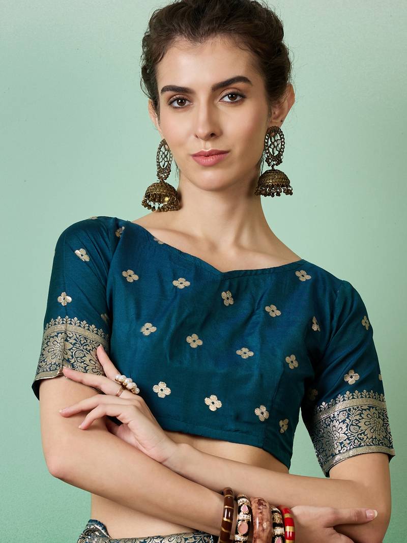 teal Banarasi Dola Cotton Saree with Blouse