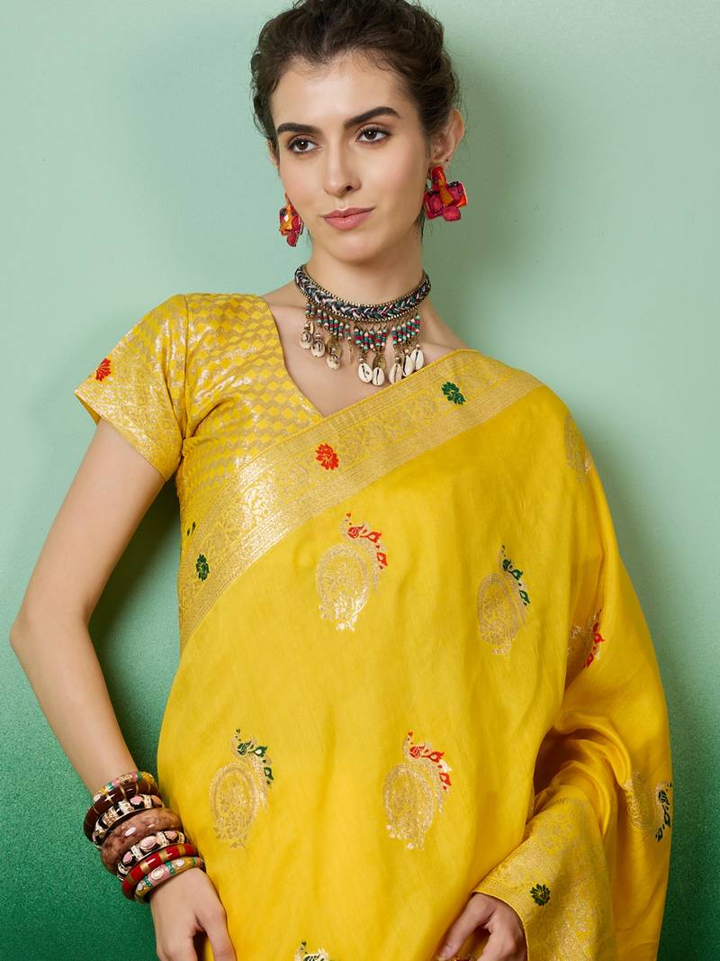 yellow Banarasi Dola Cotton Saree with Blouse