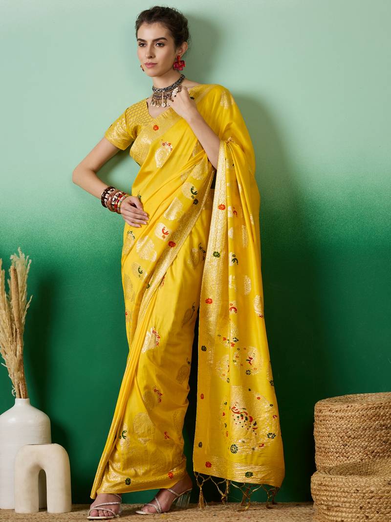 yellow Banarasi Dola Cotton Saree with Blouse