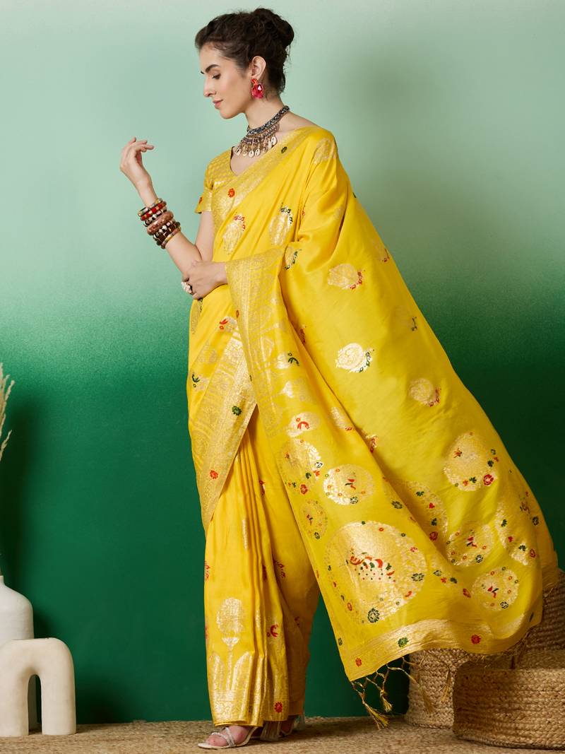 yellow Banarasi Dola Cotton Saree with Blouse