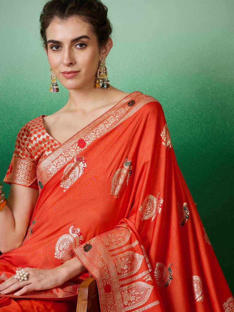 orange Banarasi Dola Cotton Saree with Blouse