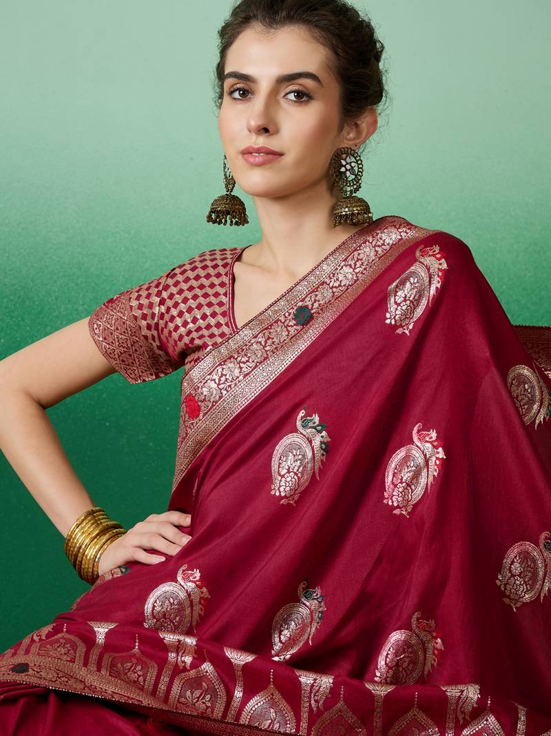 red Banarasi Dola Cotton Saree with Blouse